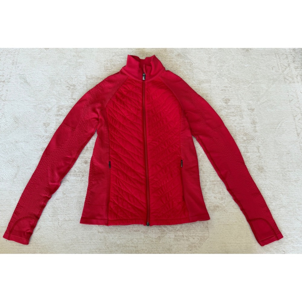 Athleta Womens Red Quilted Hybrid Full Zip Jacket Mock Neck Thumbholes Pocket